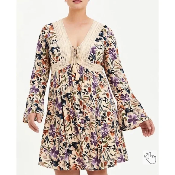NWT Torrid Floral Babydoll Fit Plus Size Tan Skater Dress w/ Lace Up Neckline - Picture 4 of 10
